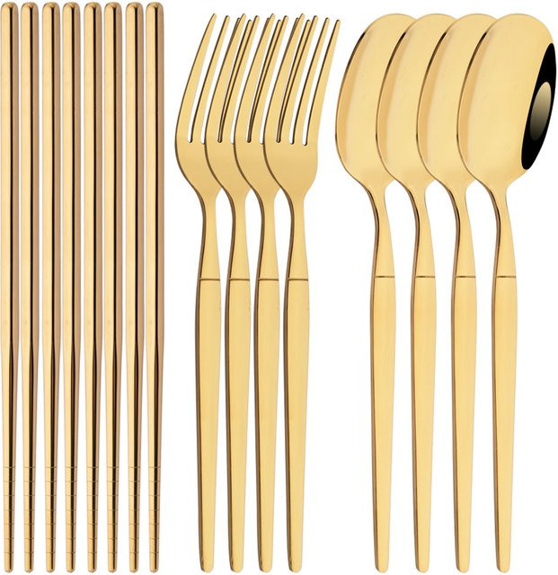 Uniturcky Koreanisches Besteckset aus Edelstahl in Gold, 12-teiliges Luxus-Spiegel-Finish mit Löffeln, Gabeln und Stäbchen - Bild 1