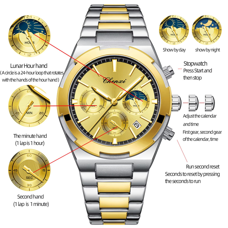 CHENXI Chronograph Armbanduhr Edelstahl, Silber, Herren - Bild 4