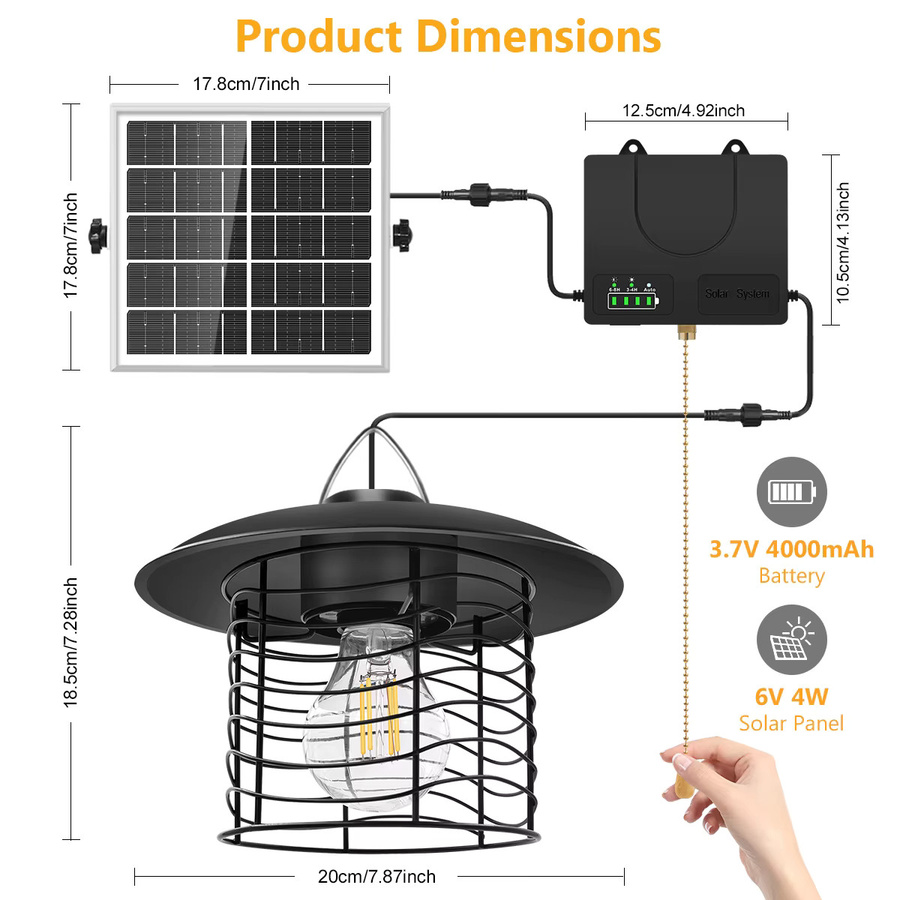 AMARYLLIS Solar-Pendelleuchte für Außenbereich in Schwarz mit Retro-Zugkettenschalter, IP65 wasserdicht, warmweißes Licht und Batterieanzeige - Bild 3