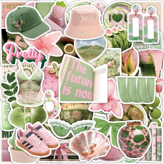 50er-Pack Koreanische Wasserfeste Aufkleber in Rosa und Grün für Handy, Skateboard und Notizbuch im Ästhetischen Sommerfrische-Design - Bild 1