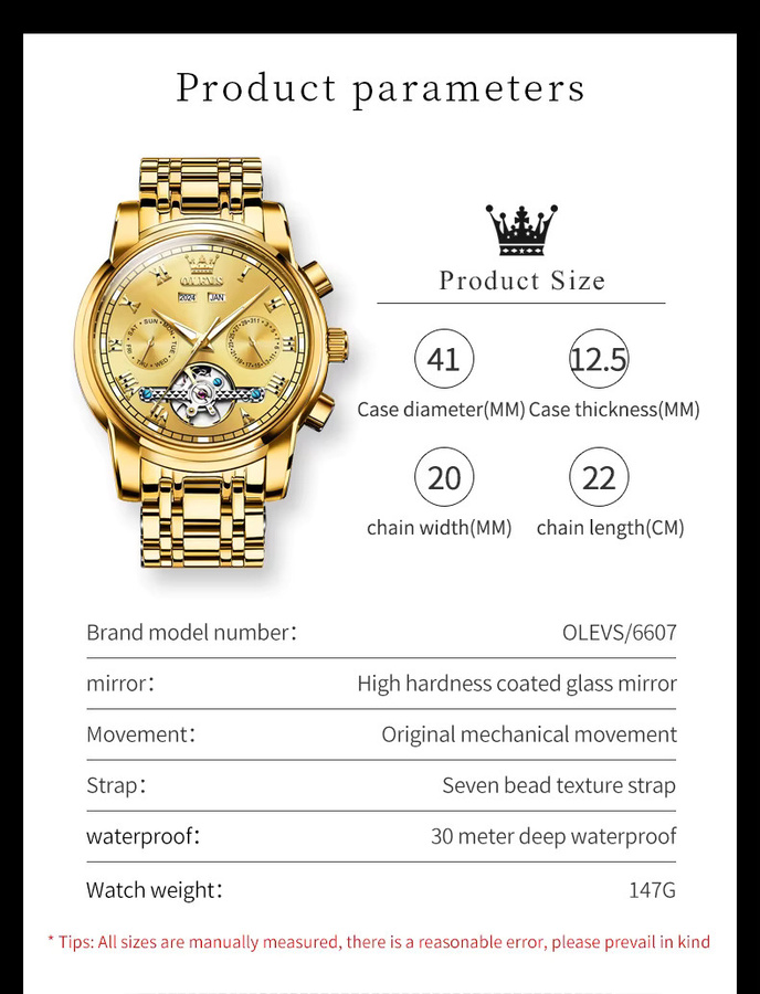 OLEVS Armbanduhr, Automatik, Edelstahl, Gold, Herren - Bild 6
