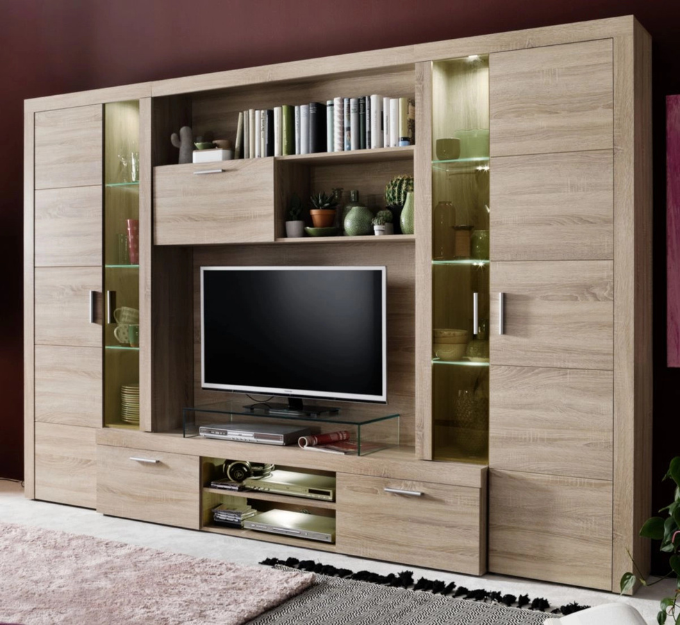 Wohnwand Kuga in Sonoma Eiche mit Beleuchtung, TV-Panel, Vitrine und Lowboard, B: 291 cm, H: 197 cm - Bild 1
