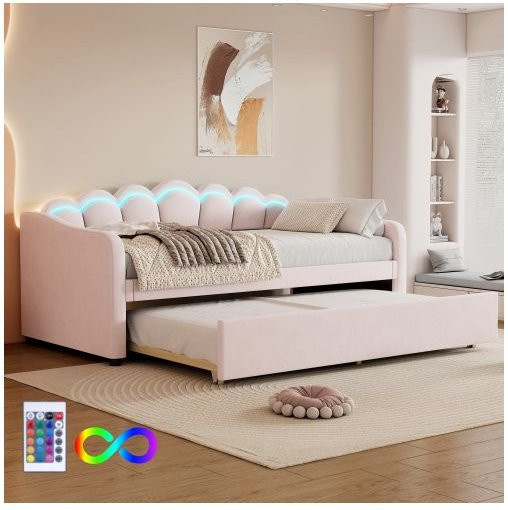 Minimalistisches Tagesbett MUVOE aus Samt in Rosa mit Unterbettbeleuchtung, B/T: 90 x 200 cm - Bild 1