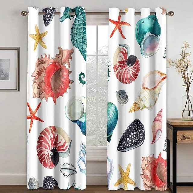 Yiran Furniture Verdunkelungsvorhänge mit Meeres Tier- und Pflanzen-Thema und Muschelmuster, B: 55 cm, H: 120 cm, Mehrfarbig - Bild 1