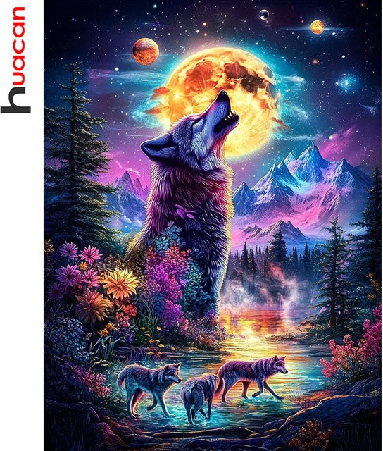 Huacan Diamant-Malerei Wolf als Rundes Stickerei-Set in Mehrfarbig zur Wanddekoration - Bild 1