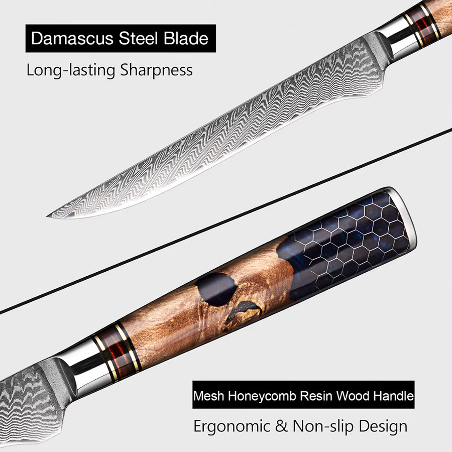 Xituo Damaskus Ausbeinmesser mit 67 Schichten und blauem Harzgriff, 15,24 cm - Bild 3