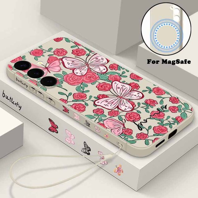 Magnetische Lanyard Handyhülle mit Blumenmuster für Samsung Galaxy S25 S24 S23 S22 Ultra Plus und S24 FE, MagSafe kompatibel, Farbe: Weiß - Bild 1
