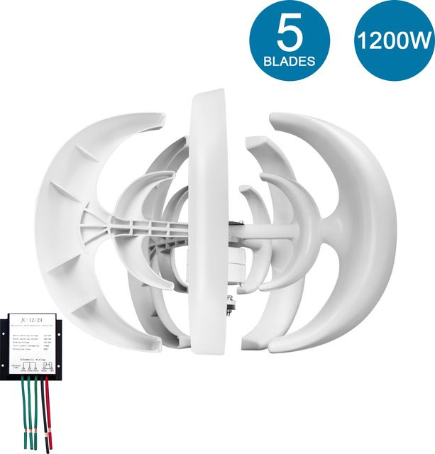 KKMOON Windgenerator Set 1200 W 12 V mit Ladegerät-Controller, 5 Flügel, Farbe: Weiß - Bild 1