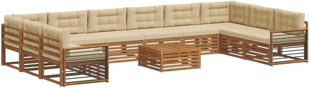 vidaXL Sofagarnitur 11-teilig in U-Form aus Massivholz Akazie, Farbe Natur-Beige, mit Polsterung und Kissen - Bild 1
