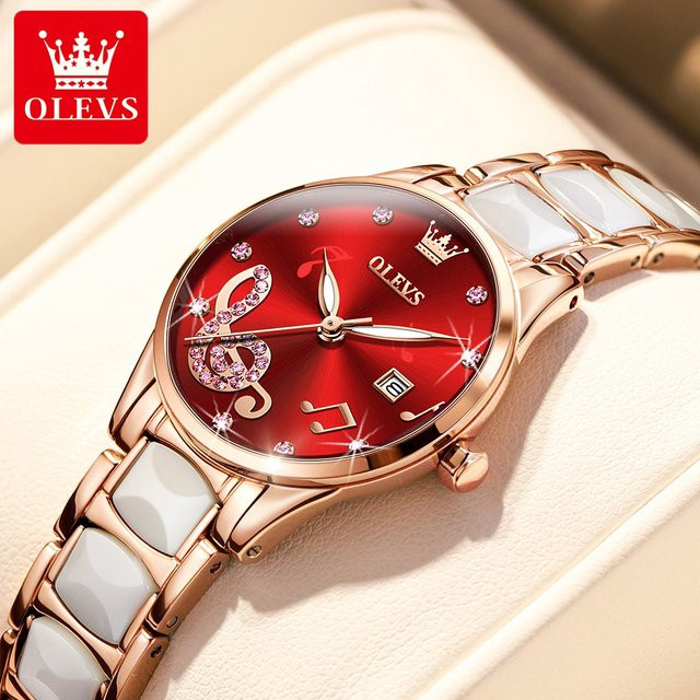 OLEVS Armbanduhr, Keramik, Quarz, Diamantbesetzt, Damen, Roségold - Bild 1