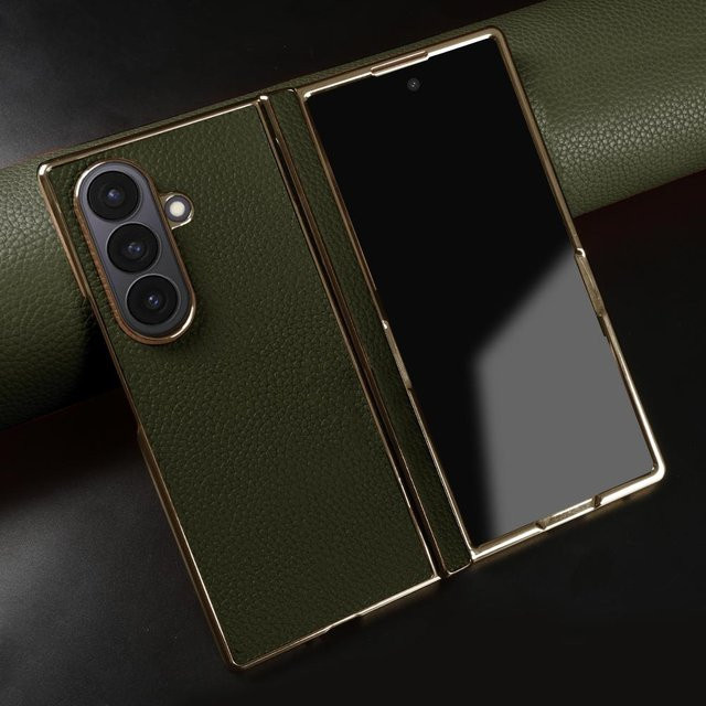 Lychee Echte Lederhülle für Samsung Galaxy Z Fold 7, Z Fold 6, Z Fold 4 und Z Fold 3 in Grün - Bild 1