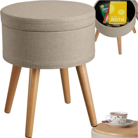 tectake Sitzhocker Yara mit Stauraum, rund, gepolstert, Leinenoptik, Sand, B/T/H: 42,5 x 42,5 x 45,5 cm