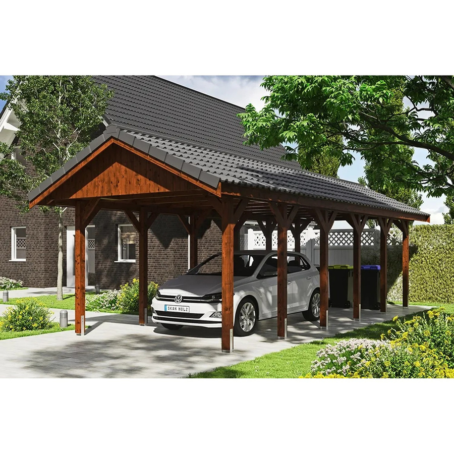 Skan Holz Carport Wallgau Satteldach aus Nadelholz in Braun mit Dachlattung, B: 380 cm, T: 900 cm, H: 313 cm - Bild 2