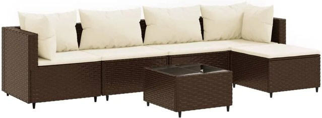 vidaXL 6-tlg Garten-Lounge-Set in L-Form mit Polstern und Ottoman, Braun/Weiß, Poly-Rattan und Metallrahmen - Bild 1