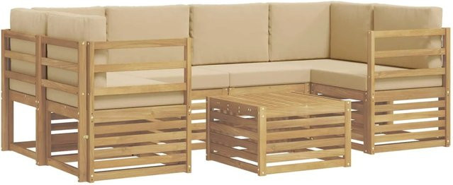 vidaXL Outdoor-Sofagarnitur 7-teilig in L-Form aus Akazienholz mit Kissen in Weiß und Beige - Bild 1