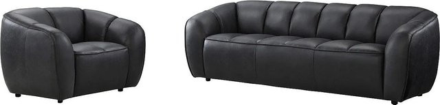 Couchgarnitur Pradoni aus Rindsleder mit 3-Sitzer-Sofa und Sessel in Schwarz mit Steppeffekt - Bild 1