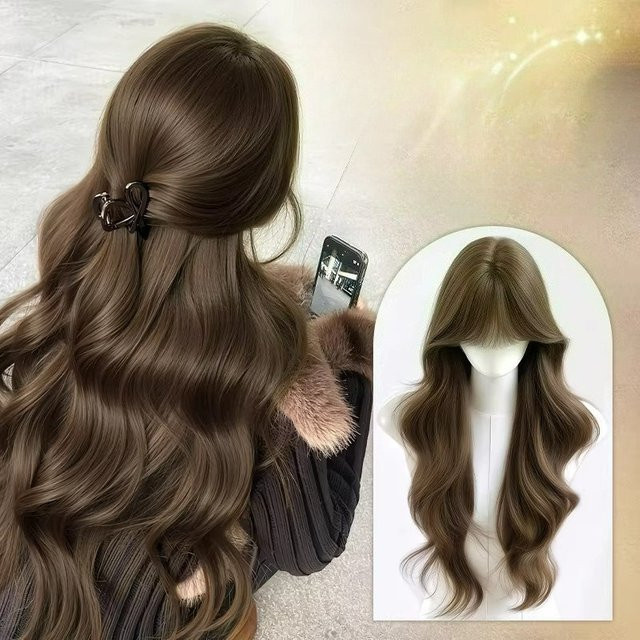 BitLamb Haarperücke, synthetisch, lang, gewellt, mit Pony, Damen - Bild 1