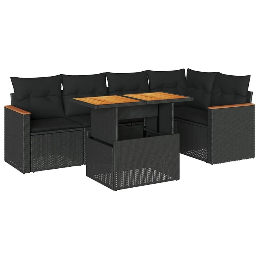 vidaXL 6-tlg. Garten-Sofagarnitur in L-Form aus Poly-Rattan und Akazienholz mit Kissen in Schwarz - Bild 2
