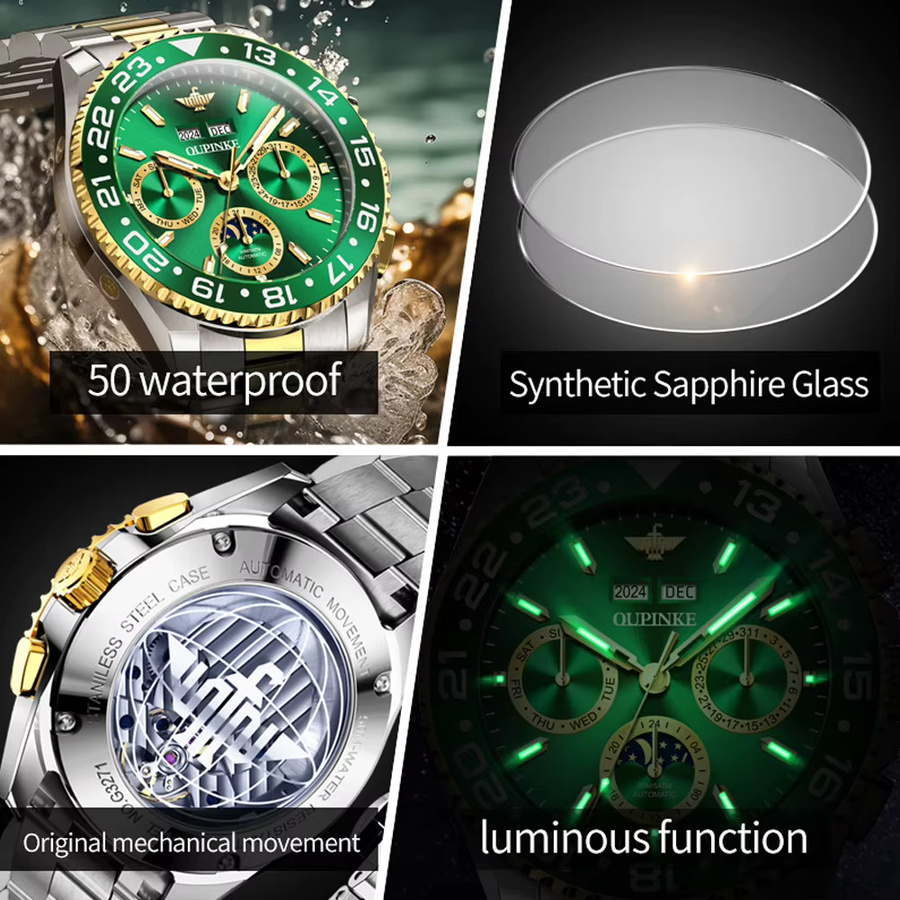 OUPINKE Armbanduhr Automatik, Edelstahl, Gold Green, Herren - Bild 4