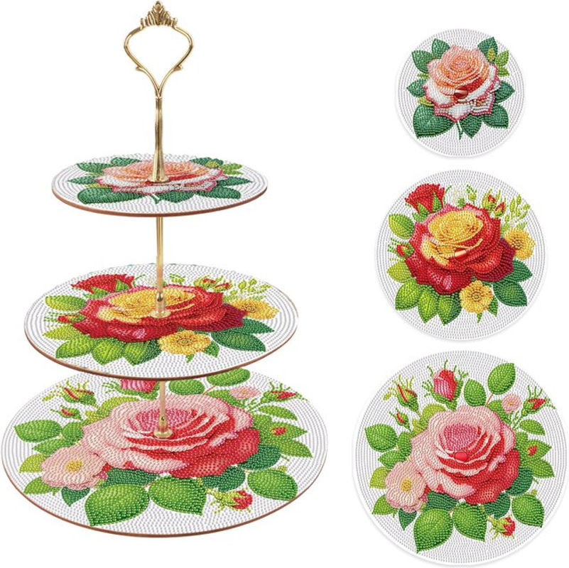 3-lagiges Diamant-Kunst-Kuchenregal Set mit floralem Rosenmuster in Rosa und Mehrfarbig aus Kunststoff - Bild 1