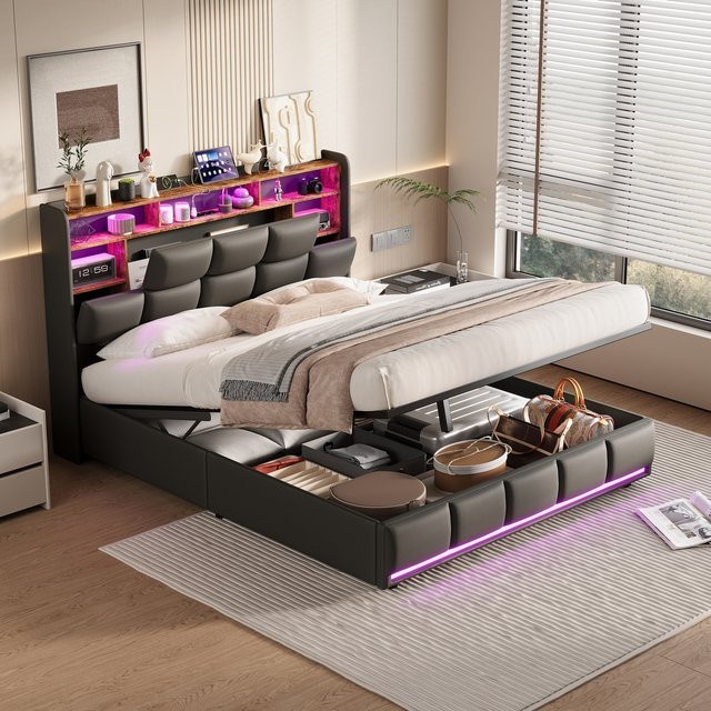 Superaly Polsterbett aus Kunstleder in Schwarz mit USB-Ladefunktion, Lichtband und hydraulischem Bettgestell, B/T: 160 x 200 cm - Bild 1