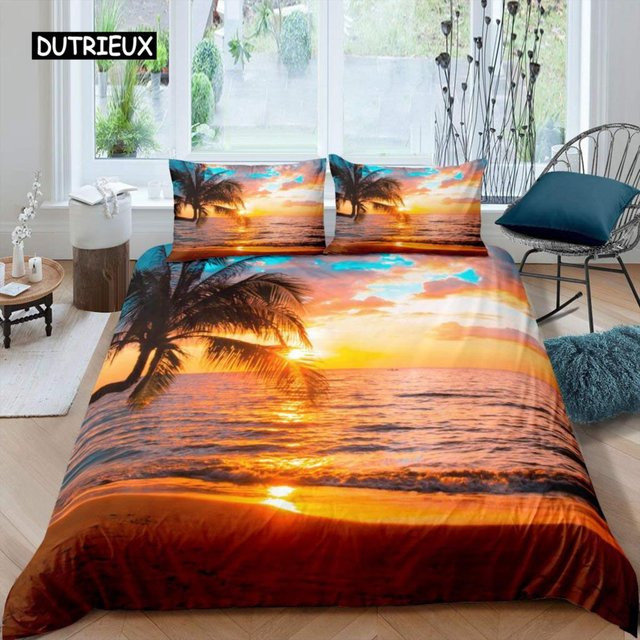 Bettwäsche Set Atollsee Palmen Motiv Miami Florida Sonnenuntergang aus Mikrofaser, B/B: 200 x 230 cm, Mehrfarbig - Bild 1