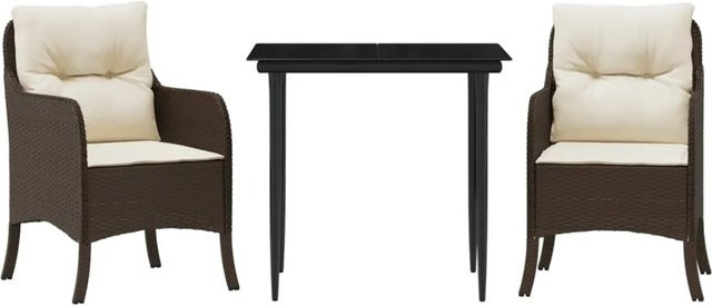 vidaXL 3-teilige Garten-Essgruppe aus Poly Rattan mit Kissen und Hartglas, Braun, B/T/H: 67 x 74 x 80 cm - Bild 1