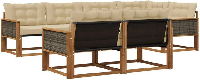vidaXL Outdoor-Sofagarnitur L-Form aus Akazienholz mit Textilene-Bezug und Kissen, Beige und Braun - Bild 1