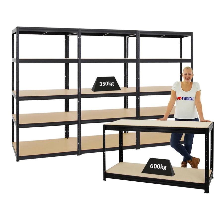 PROREGAL Set aus 3x Schwerlastregal Slim Elephant und 1x höhenverstellbarer Werkbank Big Dino, Schwarz, H: 180 cm, B: 90 cm, T: 60 cm & H: 90 cm, B: 160 cm, T: 60 cm - Bild 2