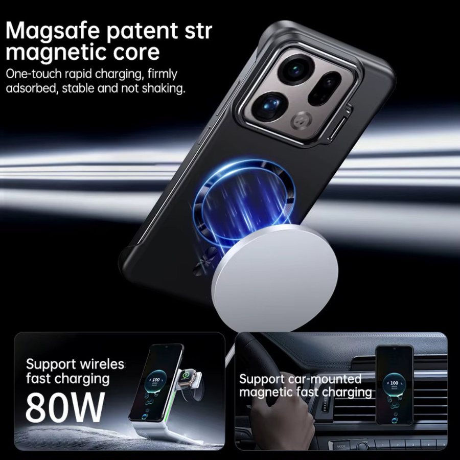 MagSafe kompatible Matte Armor Handyhülle für OPPO Find X9 Pro mit rahmenlosem Kamera-Klappständer in Schwarz und Orange - Bild 1