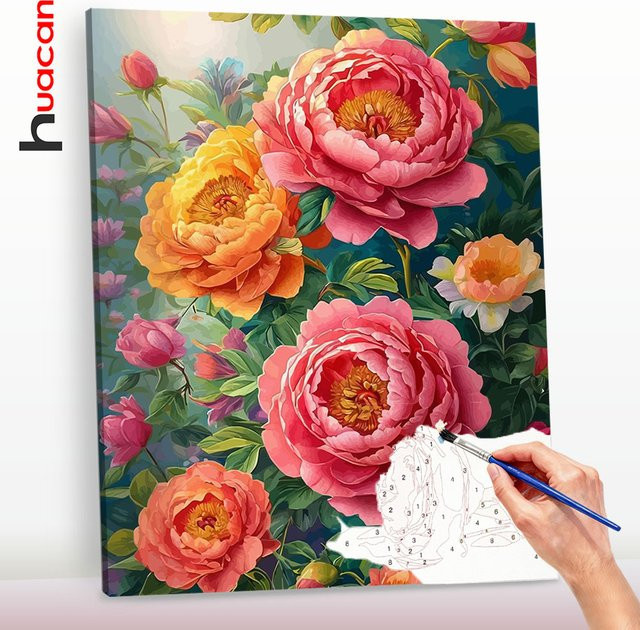 Huacan Malen nach Zahlen Set Pfingstrosen Blumenmalerei in Mehrfarben auf Leinwand - Bild 1