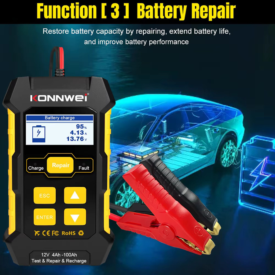KONNWEI KW510 3-in-1 Autobatterietester und Ladegerät mit Puls-Reparaturfunktion für AGM, Gel und Blei-Säure Batterien, Schwarz - Bild 4