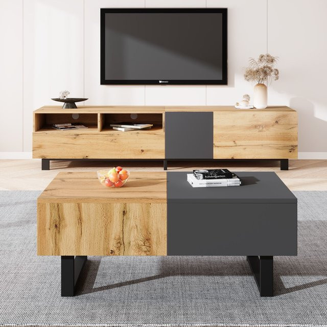 Verschiebbarer Wohnzimmertisch mit verstecktem Stauraum und Liftmechanismus aus Holz und Metall, B/T/H: 155 x 55 x 22 cm, Natürliche Farben - Bild 1