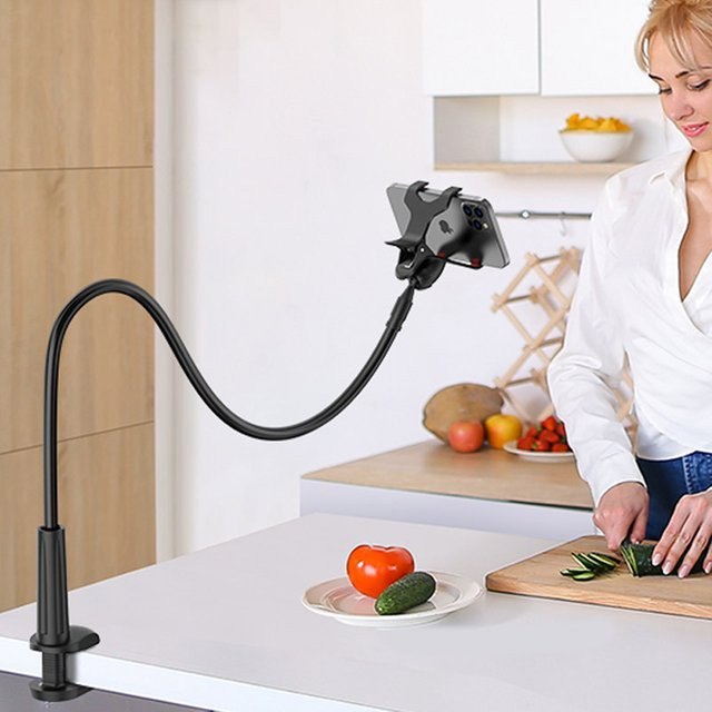 Opansten Flexibler Telefonhalter Ständer mit 70 cm Langem Arm, 360 Grad Drehbarer Klemmhalterung für Smartphones und Tablets von 3,5 bis 6,7 Zoll, Schwarz oder Weiß - Bild 1