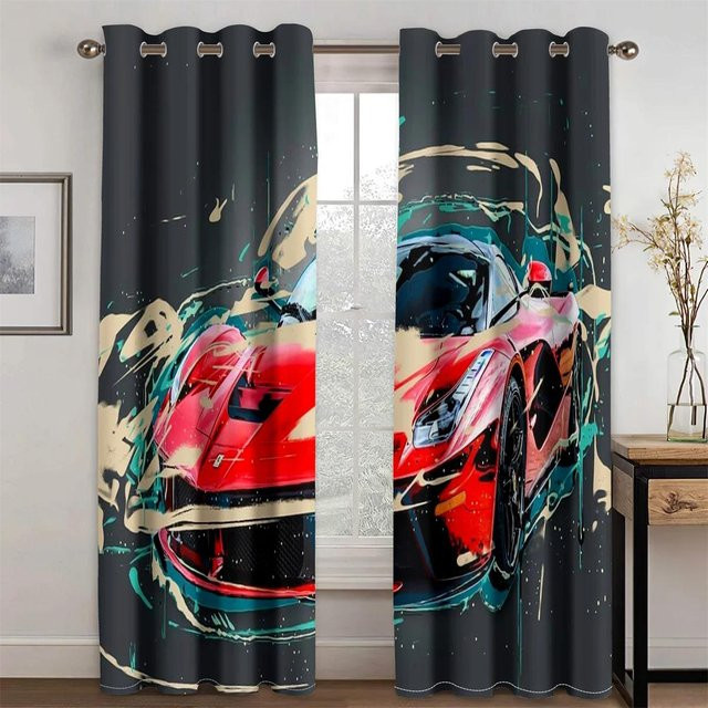 2er-Set Comic Rennwagen Vorhänge mit 3D-Druck, lichtfilternd und modern, ideal für Kinderzimmer, Schlafzimmer oder Wohnzimmer, B: 50 cm, H: 130 cm - Bild 1