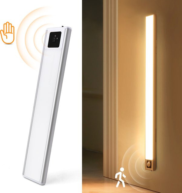Tragbare LED Bar Leuchte mit PIR Bewegungssensor und Aluminium Körper, USB wiederaufladbar, Warmweiß, für Küche, Schlafzimmer und Badezimmer - Bild 1