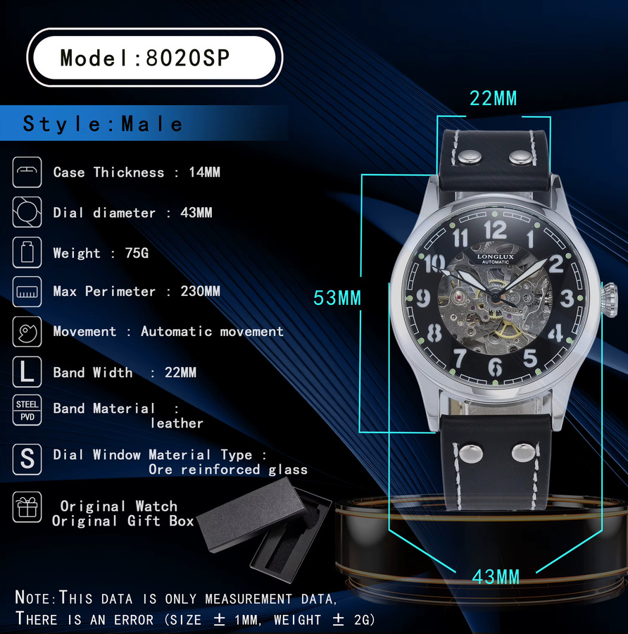 LONGLUX Armbanduhr Automatik, Piloten-Skelett, Edelstahl, Leder, Herren - Bild 6