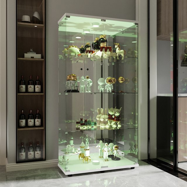 Rosahqnda Glasvitrine mit LED-Beleuchtung, 4-stufige Standvitrine mit Glastüren für Wohnzimmer, Schlafzimmer und Eingangsbereich, Weiß/Schwarz - Bild 1