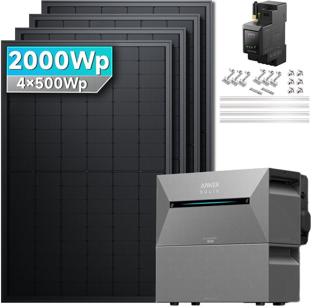 Anker SOLIX Balkonkraftwerk 2000W mit Speicher Anker SOLIX Solarbank 2 E1600 Pro und BP3700 Modul in Schwarz inklusive Ziegeldachhalterung - Bild 1