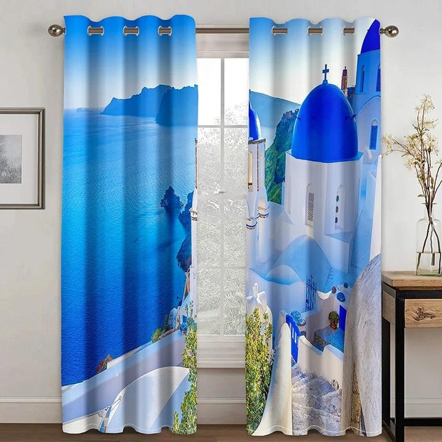 Yiran Furniture Vorhänge im Urlaubsstil Sea Island Strand mit Naturlandschaft, 2er-Set, semi-transparent, Polyester, B: 50 cm, H: 130 cm - Bild 1
