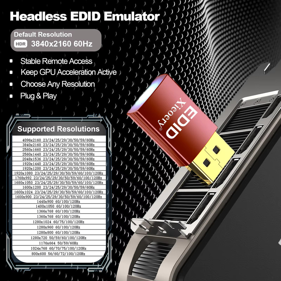 Xieoery HDMI EDID Emulator 4K HDR RGB Dummy-Stecker in Schwarz mit virtuellem Display 3840x2160@60Hz - Bild 2