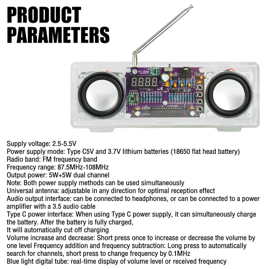 Gaqqee DIY-Elektronik-Bausatz FM-Radio mit Digitalanzeige und USB-C-Anschluss (87,5 MHz–108 MHz) - Bild 4