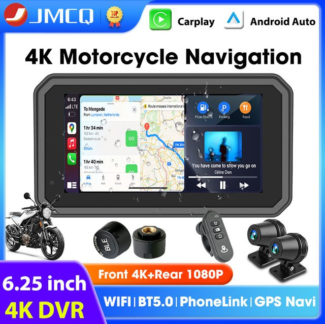JMCQ Motorrad CarPlay Bildschirm mit 6,25 Zoll Display, IPX7 wasserdichtes GPS Navigationssystem mit Dual-Objektiv DVR und TPMS, Schwarz - Bild 1