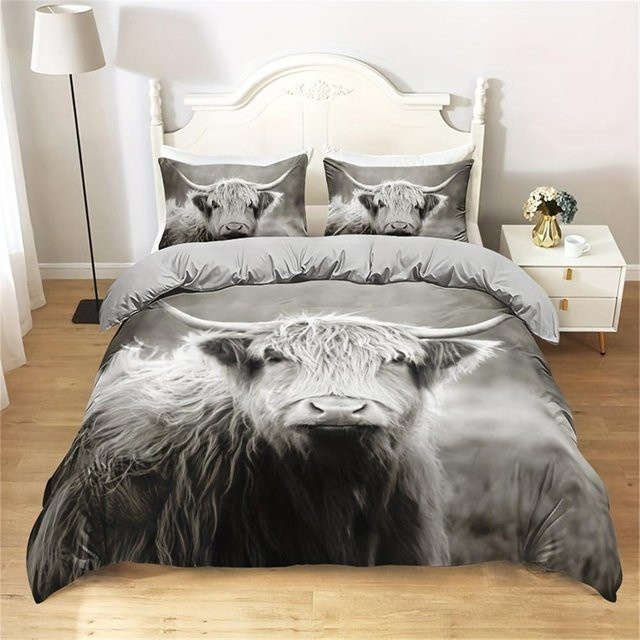 Bettwäscheset mit Hochlandkuh HD Digitaldruck im Feldstil, King Size Bettbezug und Kissenbezug, Farbe: Grau, B/H: 173 x 218 cm - Bild 1