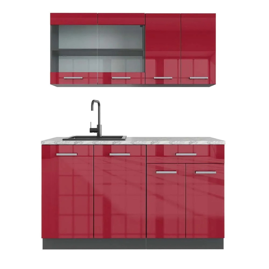 Vicco R-Line Singleküche Bordeaux Hochglanz und Anthrazit mit Marmor-Arbeitsplatte Breite: 140 cm - Bild 2