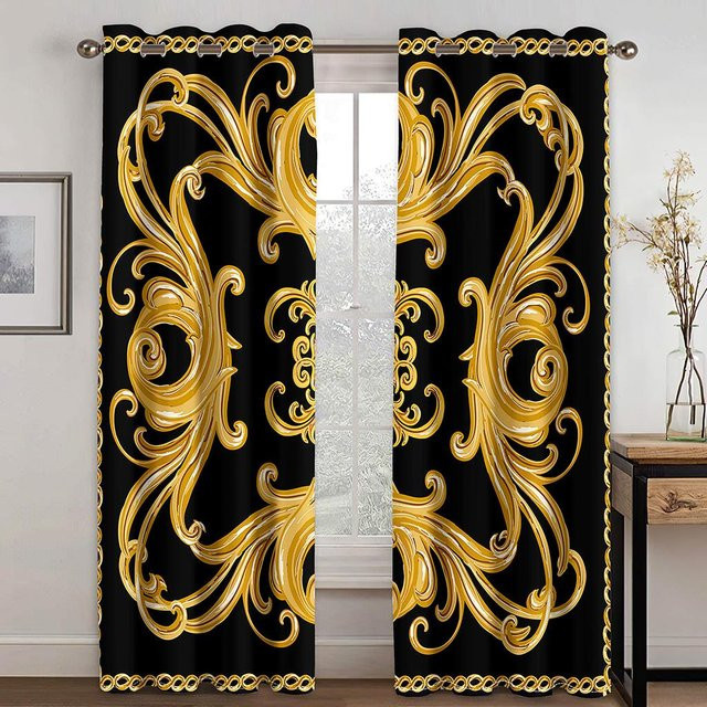 2er-Set Vorhänge mit goldenem Blumen- und Kristallmuster in Schwarz, semi-transparent, Polyester, Breite: 70 cm, Höhe: 245 cm - Bild 1