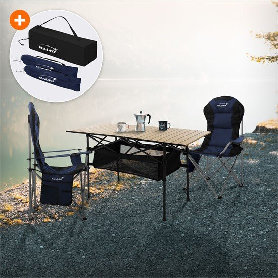 HAUKI Campingmöbel Set 3-teilig aus Aluminium mit Klapptisch Beige und 2 Campingstühlen Blau - Bild 1