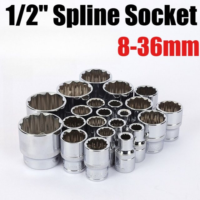 Spline-Steckschlüsselsatz 1/2 Zoll Antrieb, Metrisch 8-36mm, 12-Punkt Mehrzahn-Steckschlüssel aus Chrome Vanadium, Silber - Bild 1