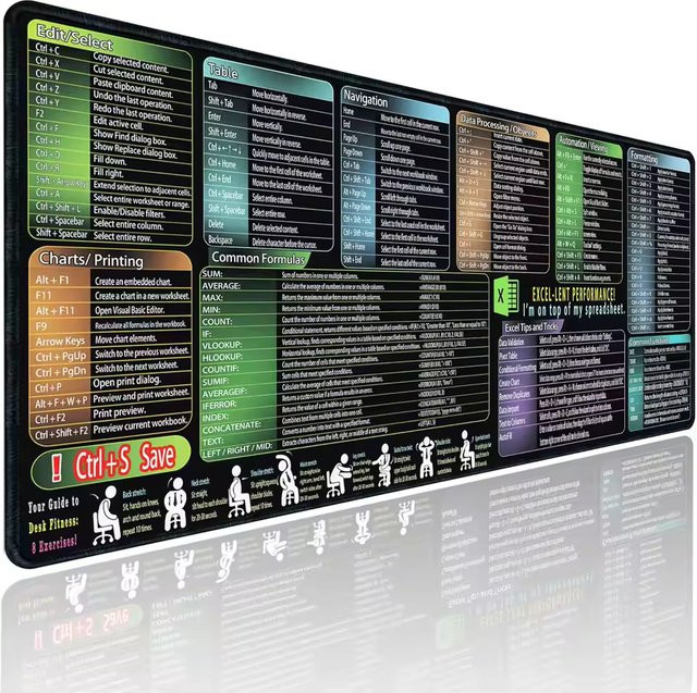 YSAGi Excel Cheat Sheet Mauspad in Schwarz, extra großes rutschfestes Schreibtischunterlage mit Tastaturkürzeln für dein Büro - Bild 1