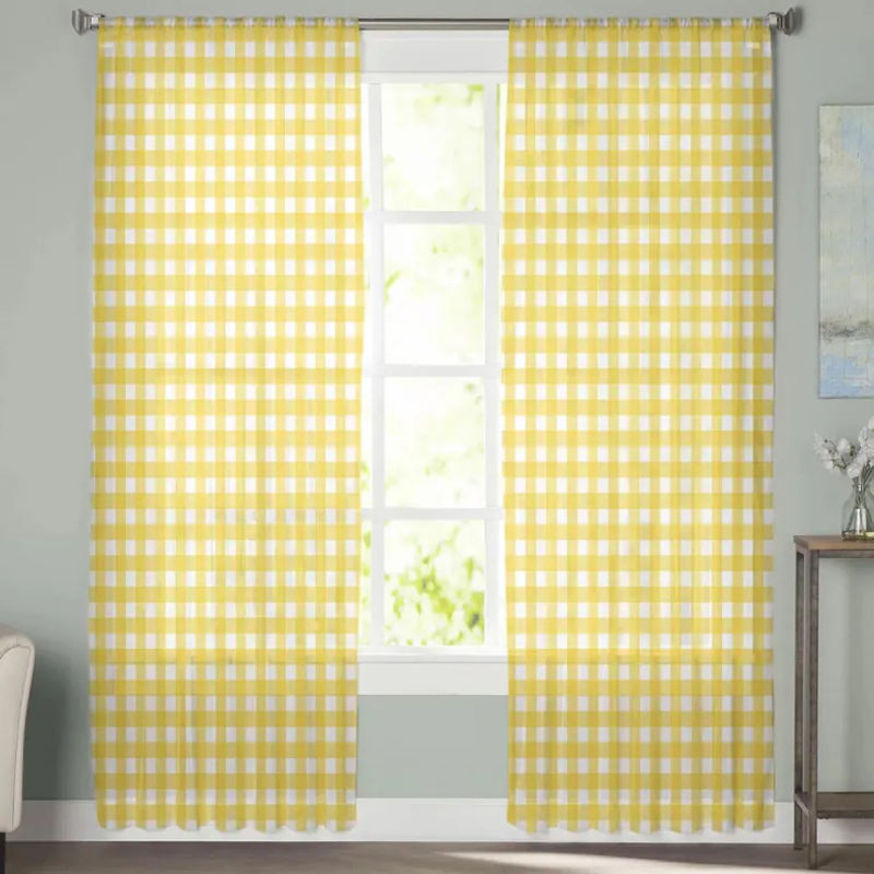 Gelbe karierte transparente Voile-Fenstervorhänge von A Family Of Home Textiles, 2er-Set, B: 135 cm, H: 160 cm - Bild 2